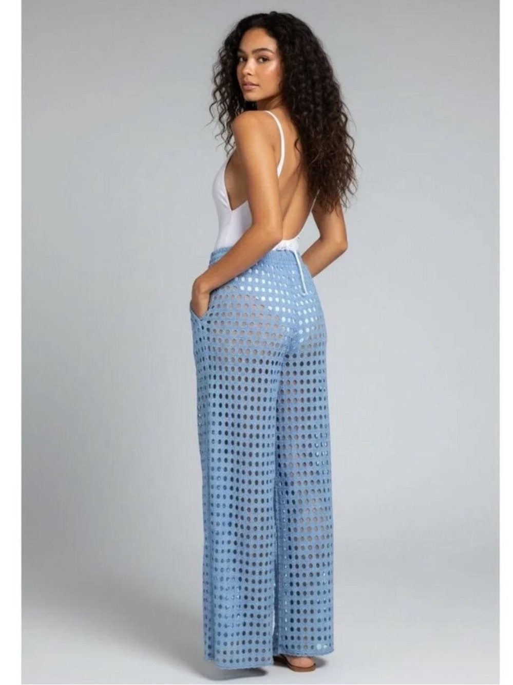 NEW Dotti Cotton Openwork Dot Drawstring Waist Swim Cover up Pant Light Blue XL